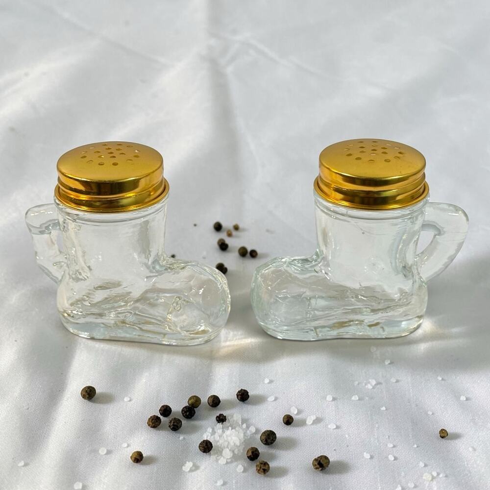 VTG Glass Santa Boots Christmas Salt & Pepper Shakers with Gold Screw on Tops